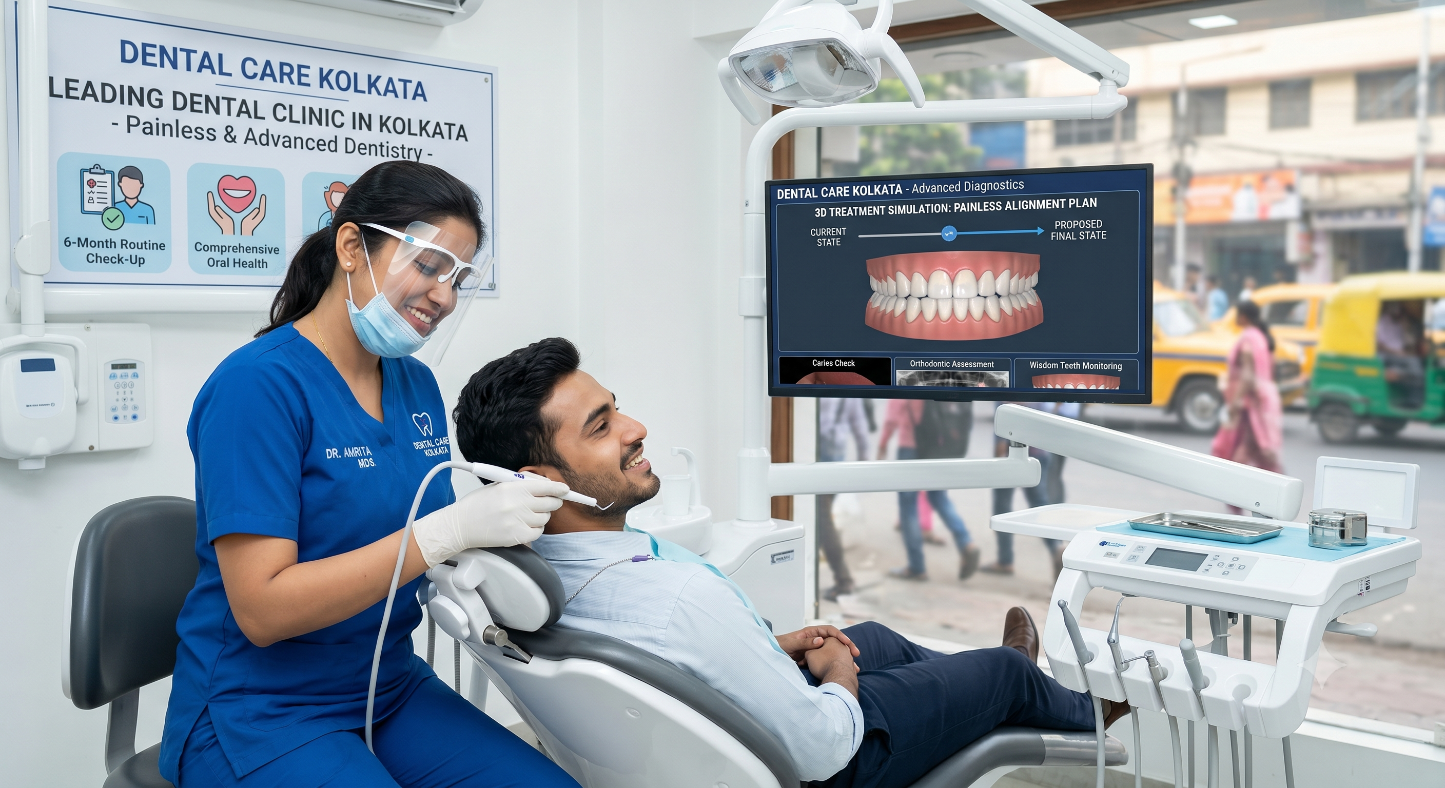 Dr. Gaurav conducting a painless dental check-up at Care N Cure Dental Clinic in Rajarhat, Kolkata.