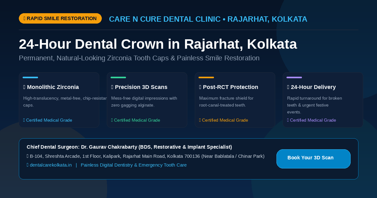 24-hour dental crown in Rajarhat Kolkata with digital optical scanning and Zirconia tooth restoration at Care N Cure Dental Clinic