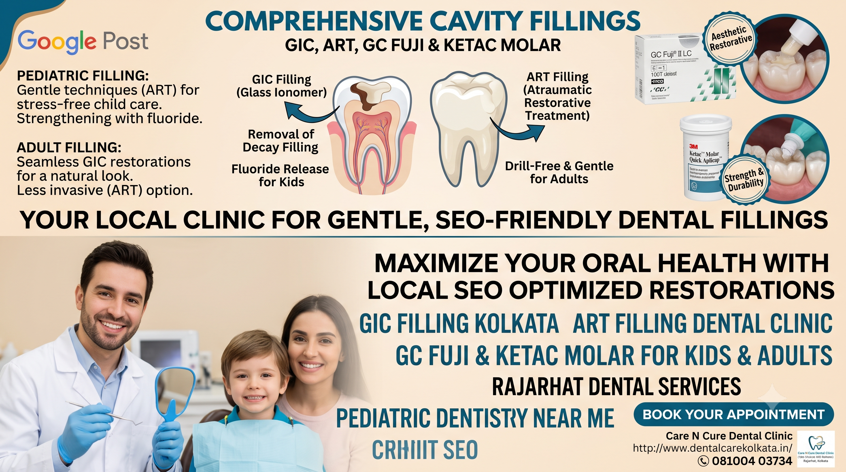 Painless pediatric and adult GIC and ART cavity fillings using GC Fuji and Ketac Molar at Care N Cure Dental Clinic in Rajarhat, Kolkata