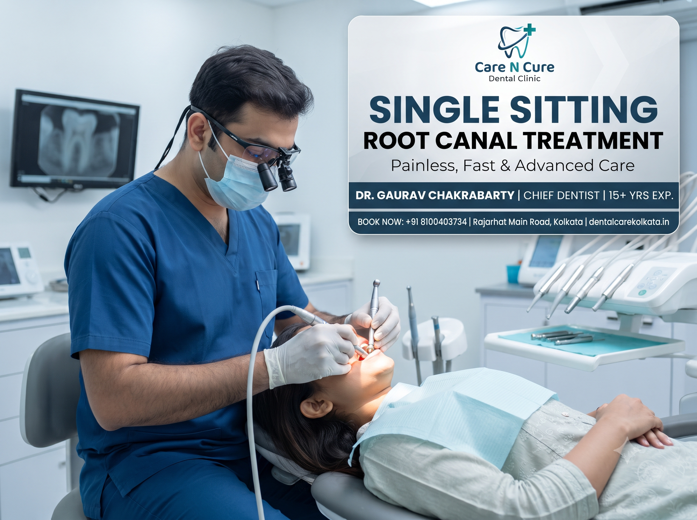 Dr. Gaurav Chakrabarty performing painless single sitting root canal treatment at Care N Cure Dental Clinic in Rajarhat Kolkata.