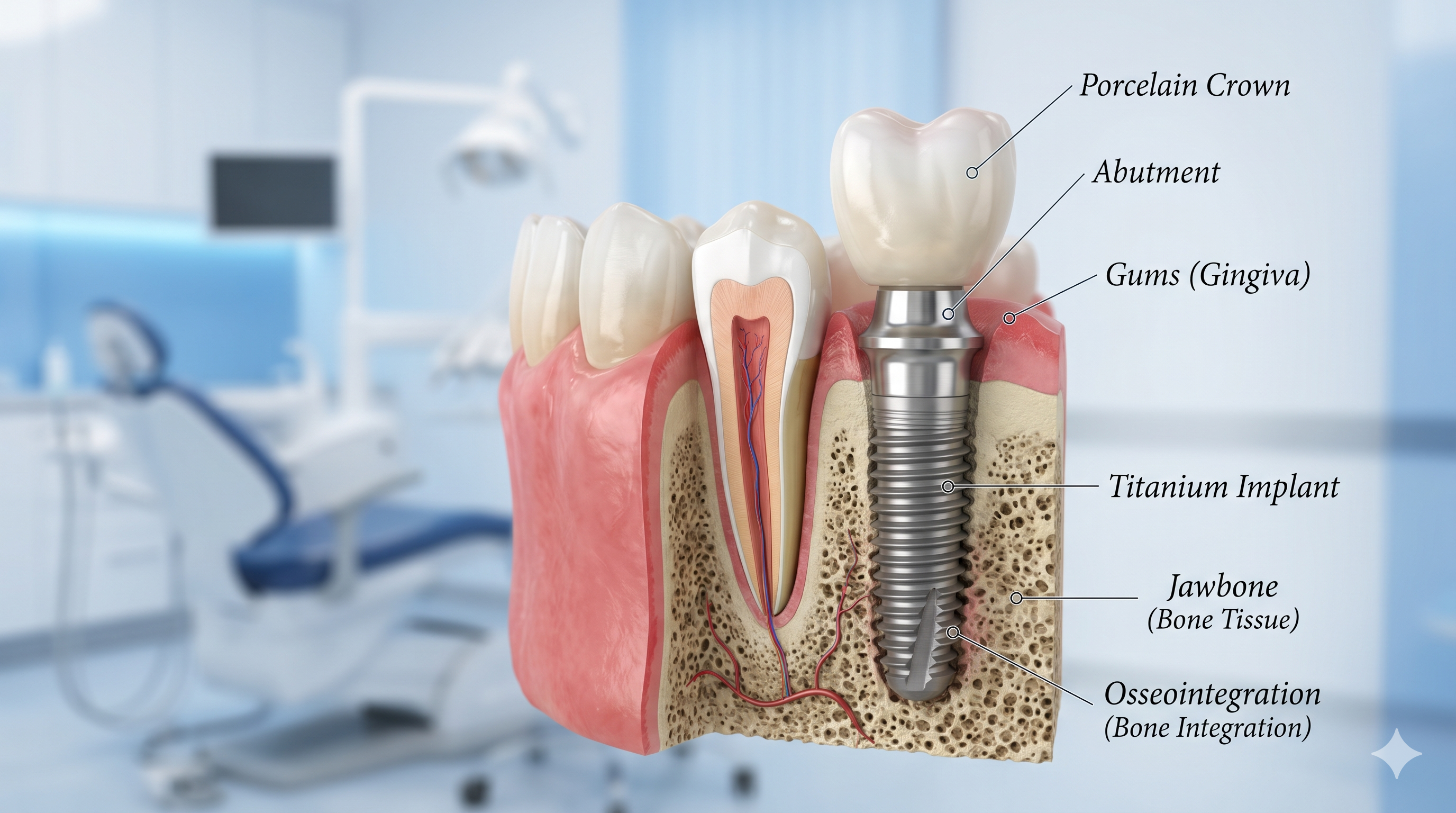 Cross-section anatomical diagram of a single tooth dental implant showing titanium post, abutment, and porcelain crown integrated into jawbone in Rajarhat clinic